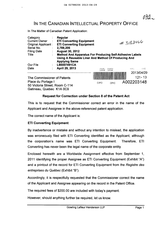 Canadian Patent Document 2788206. Correspondence 20121229. Image 1 of 13