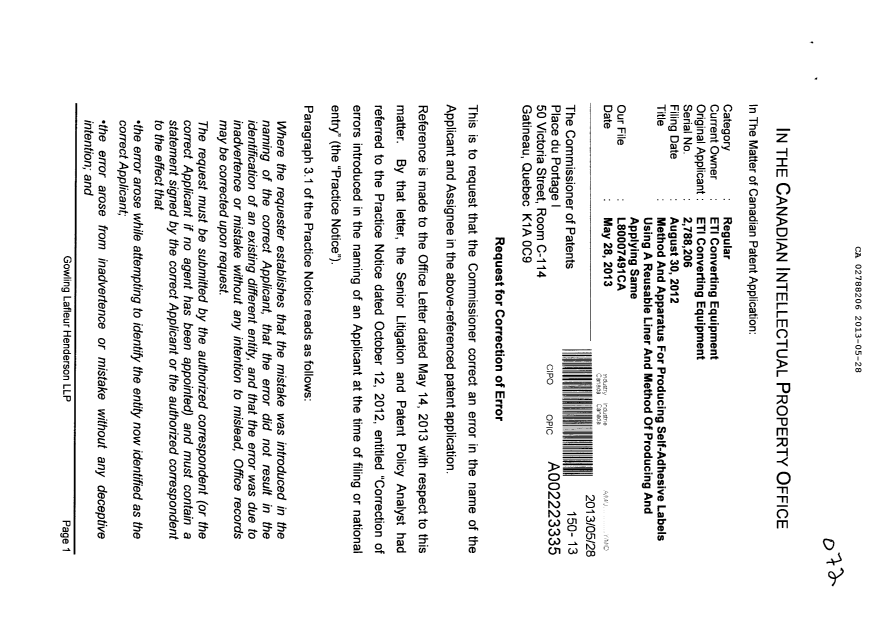 Document de brevet canadien 2788206. Correspondance 20130528. Image 1 de 14