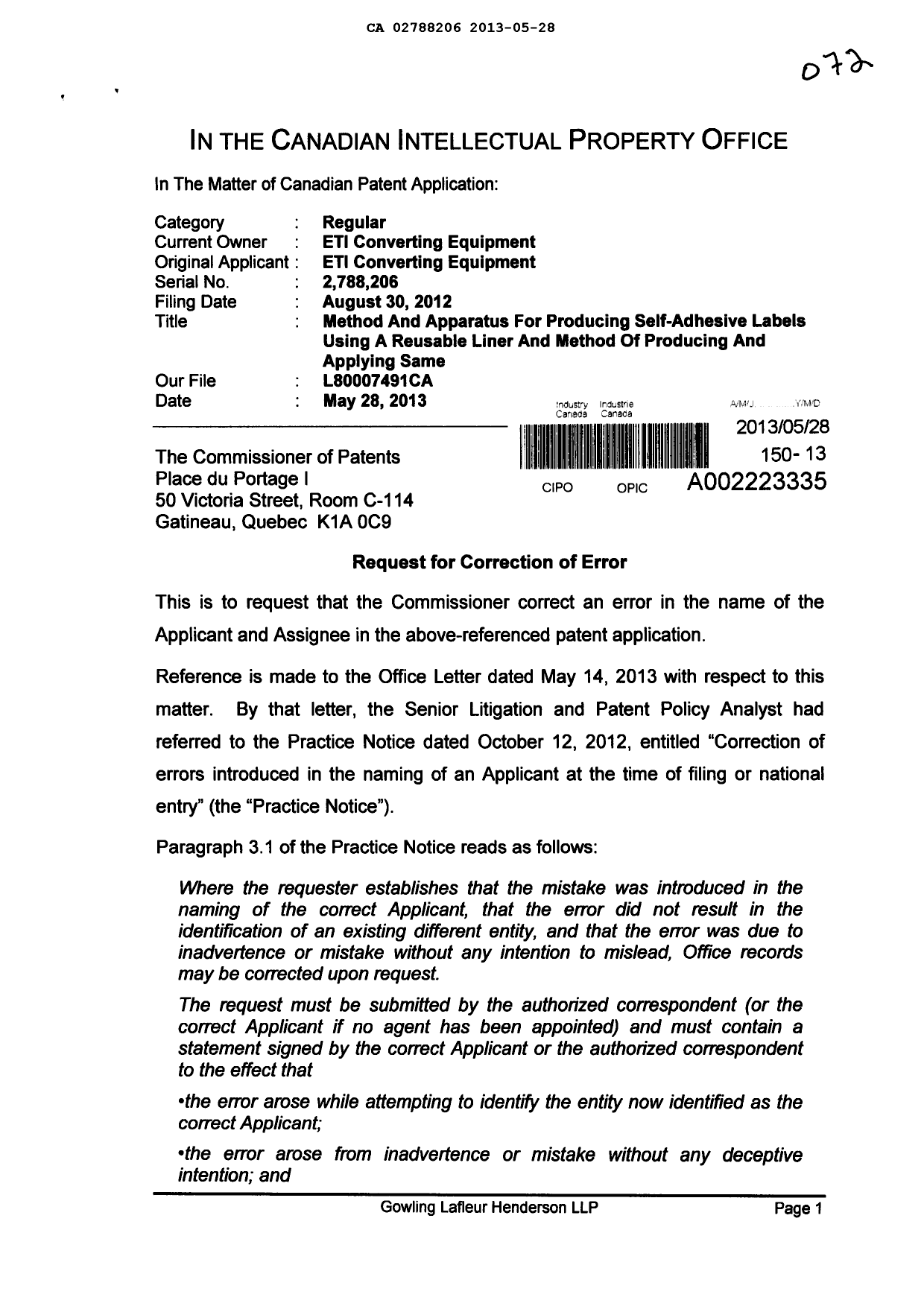 Document de brevet canadien 2788206. Correspondance 20130528. Image 1 de 14