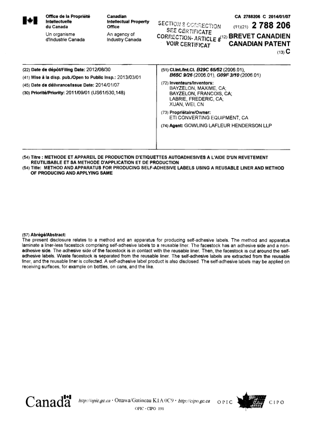 Document de brevet canadien 2788206. Page couverture 20131231. Image 1 de 2
