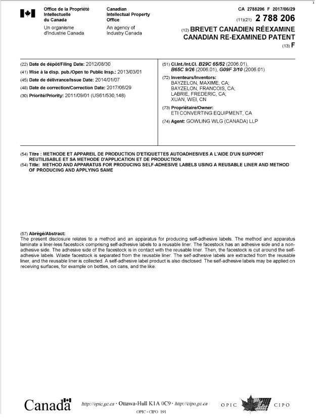 Document de brevet canadien 2788206. Page couverture 20161229. Image 1 de 10