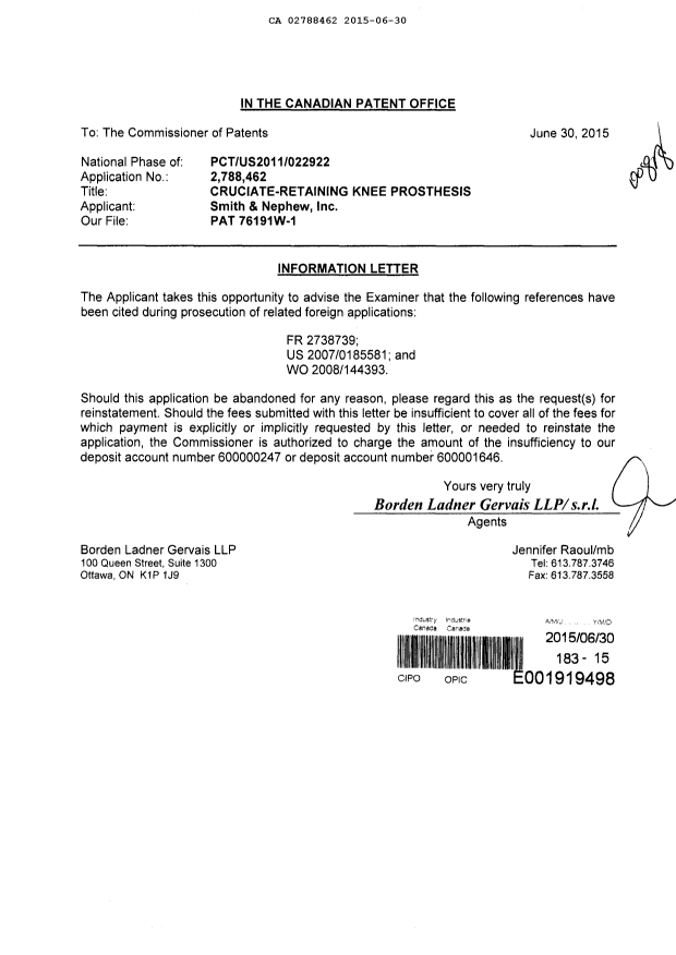 Document de brevet canadien 2788462. Modification 20150630. Image 1 de 1