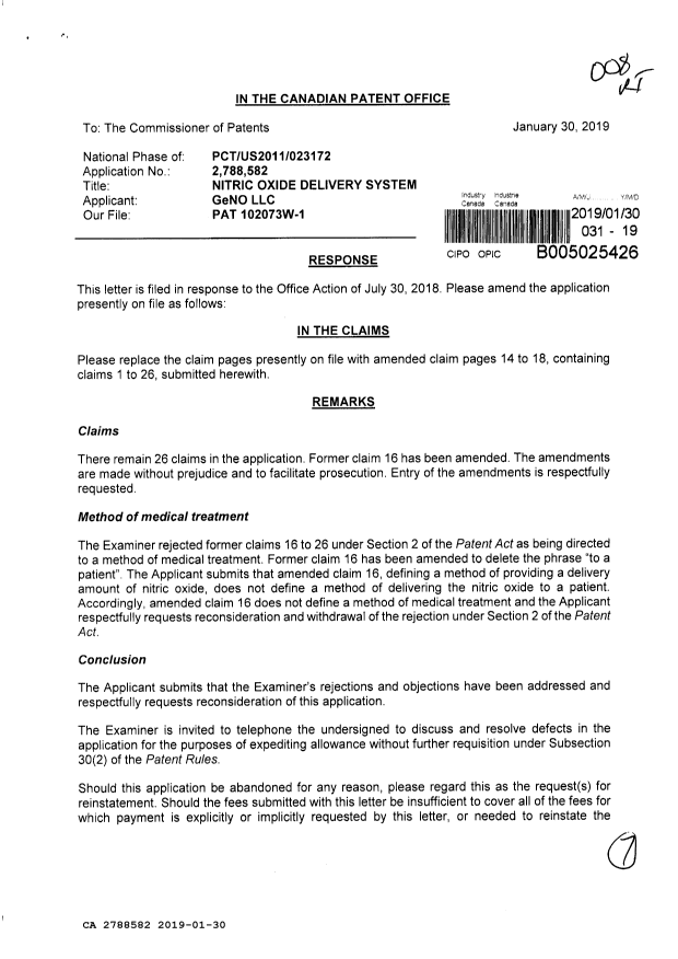 Document de brevet canadien 2788582. Modification 20190130. Image 1 de 7