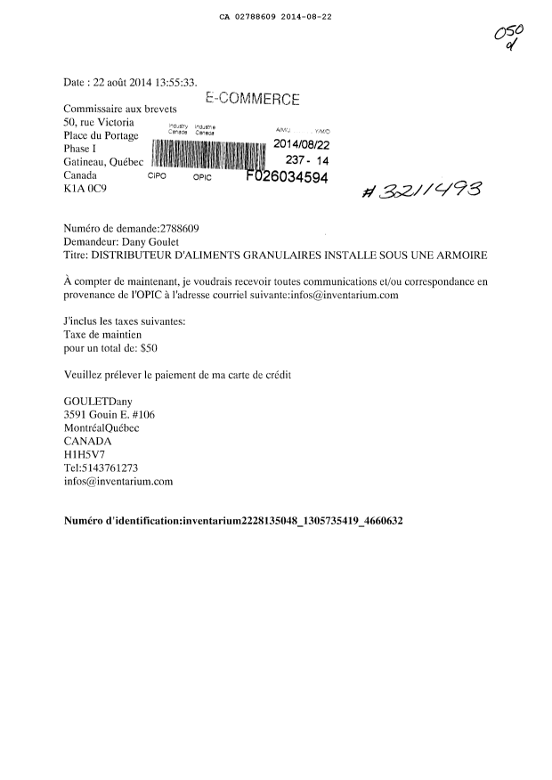 Canadian Patent Document 2788609. Fees 20140822. Image 1 of 1