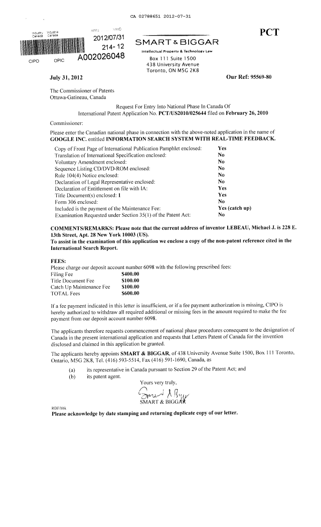 Document de brevet canadien 2788651. Cession 20120731. Image 1 de 9