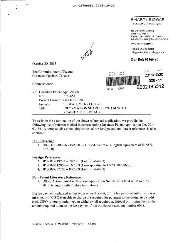 Canadian Patent Document 2788651. Prosecution Correspondence 20151030. Image 1 of 2