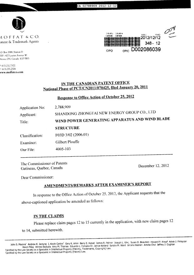 Canadian Patent Document 2788909. Prosecution-Amendment 20111212. Image 1 of 14