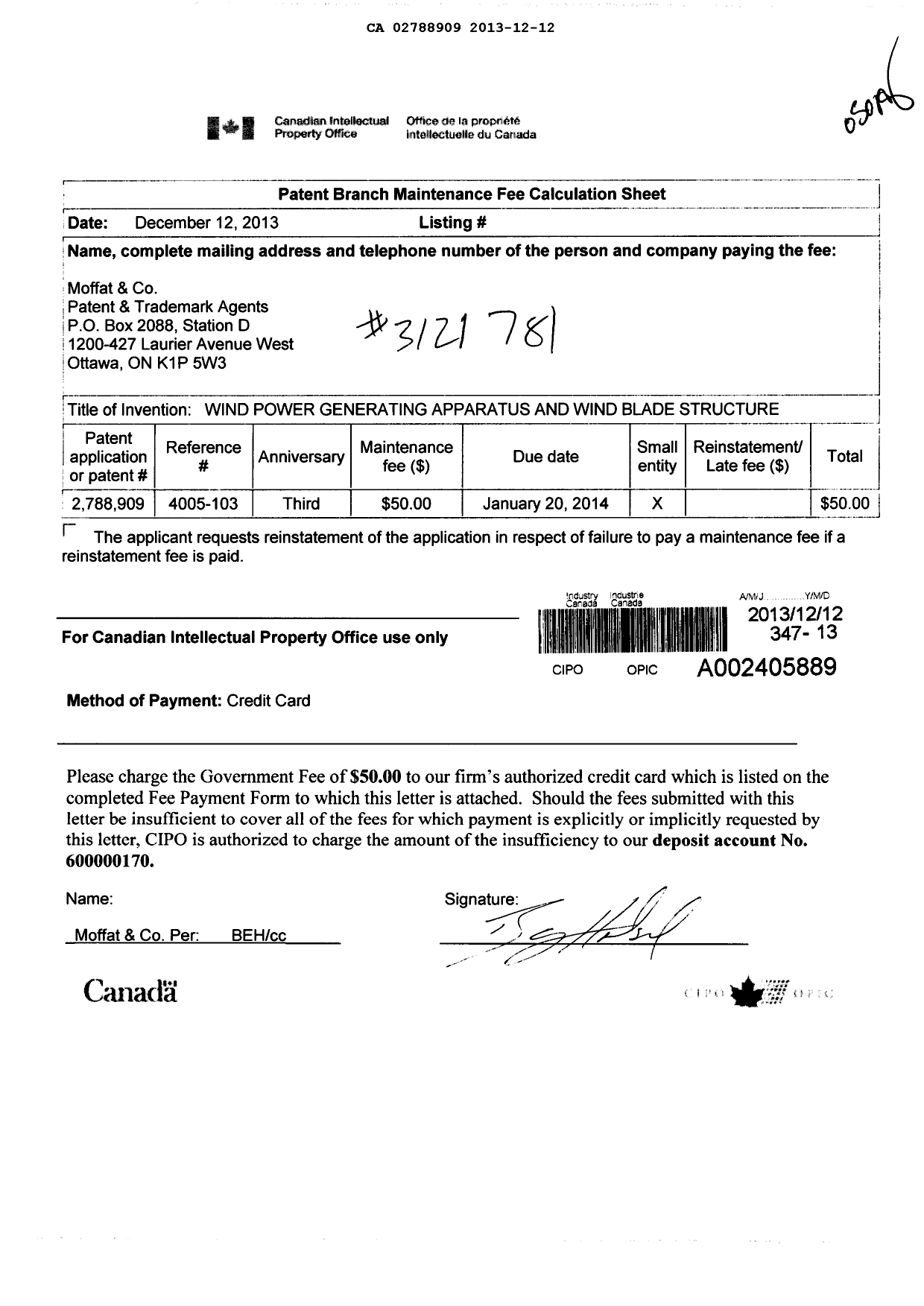 Document de brevet canadien 2788909. Taxes 20121212. Image 1 de 1