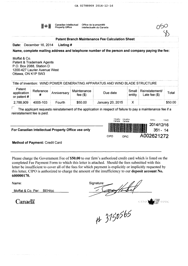 Document de brevet canadien 2788909. Taxes 20131216. Image 1 de 1