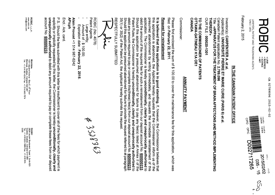 Canadian Patent Document 2789096. Fees 20150202. Image 1 of 1