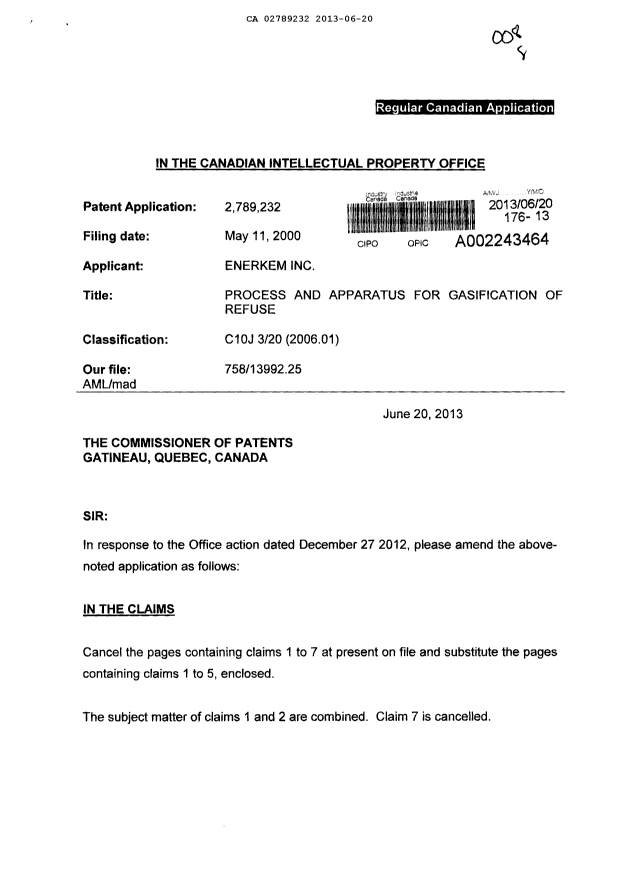 Canadian Patent Document 2789232. Prosecution-Amendment 20130620. Image 1 of 5