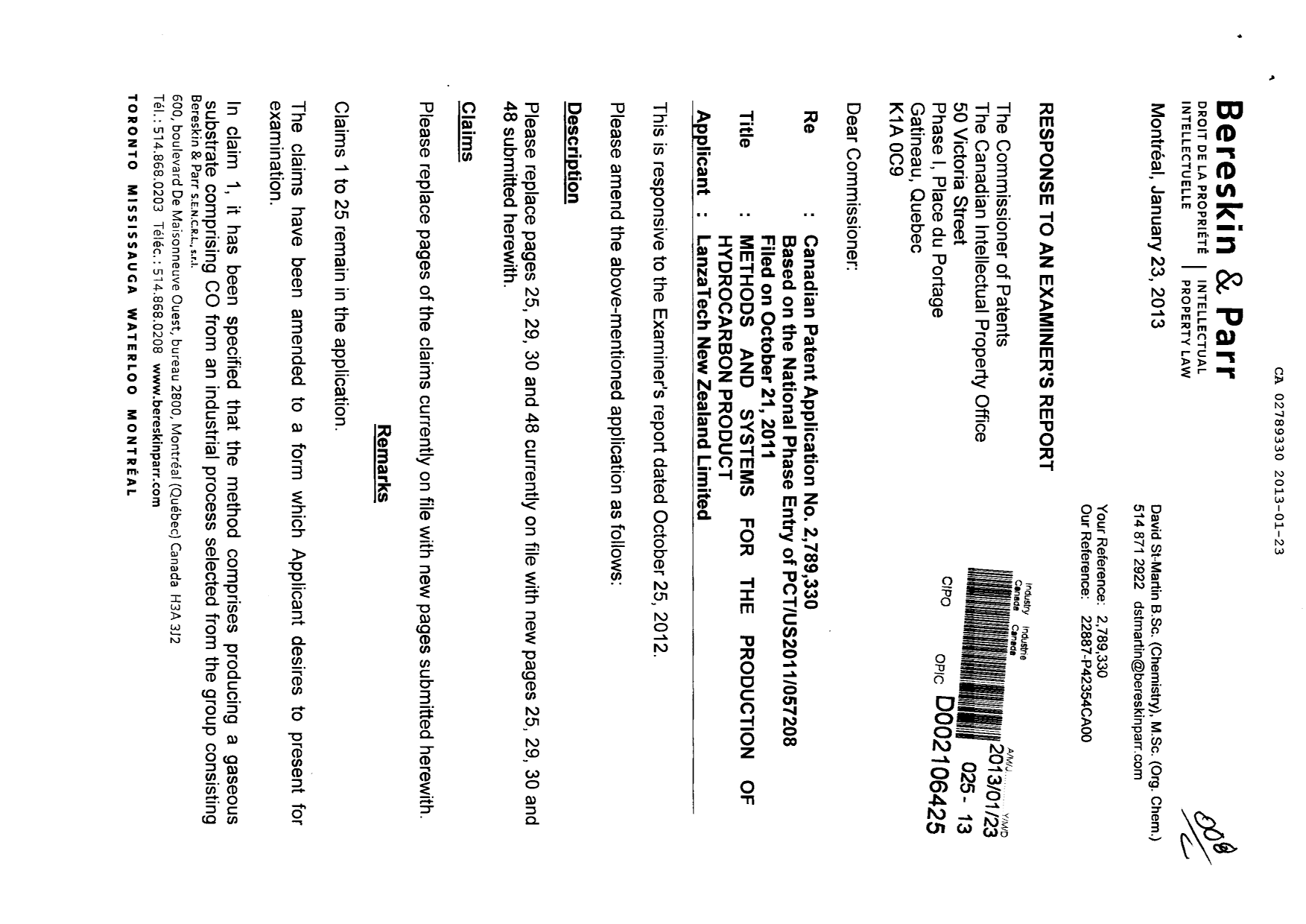 Document de brevet canadien 2789330. Poursuite-Amendment 20121223. Image 1 de 16