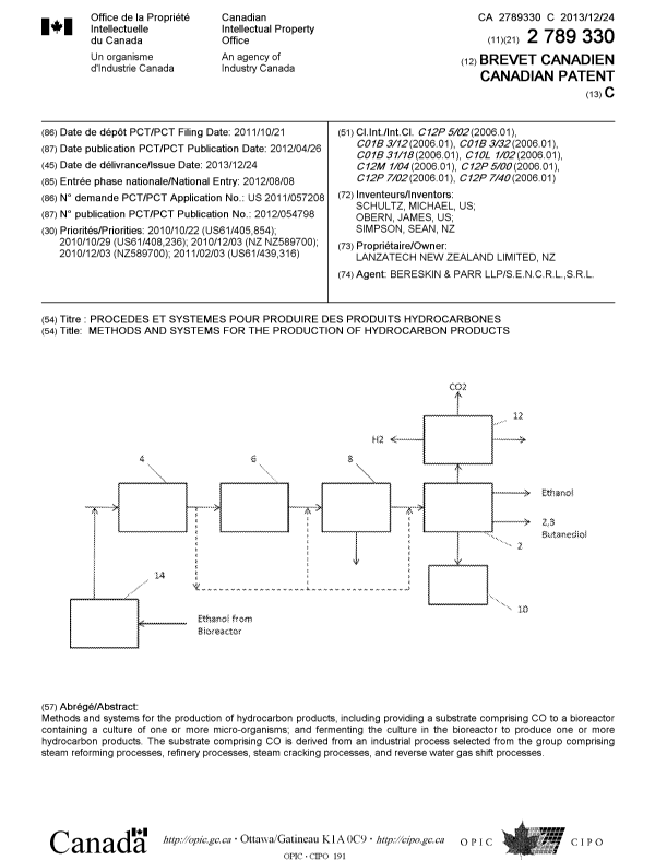 Document de brevet canadien 2789330. Page couverture 20121228. Image 1 de 1