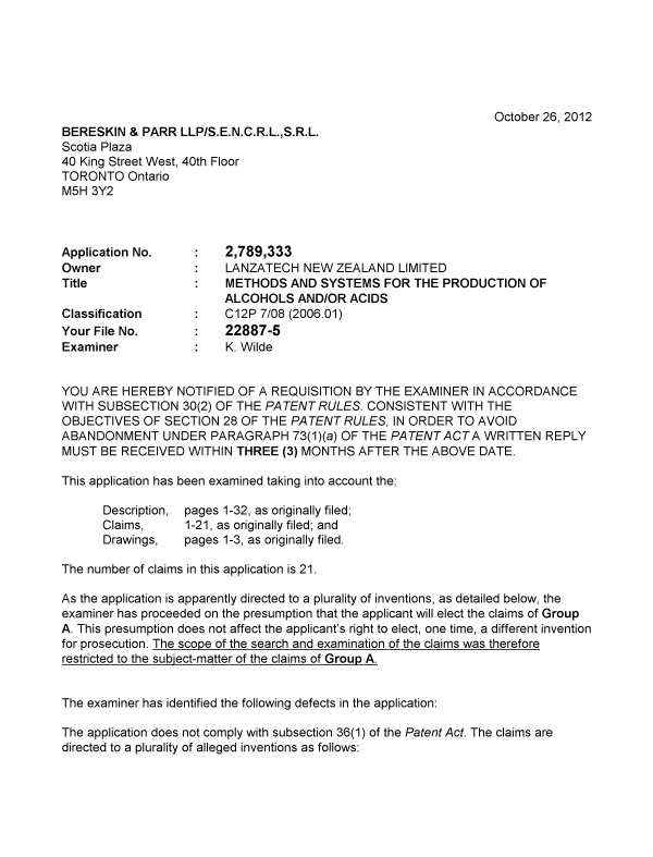 Document de brevet canadien 2789333. Poursuite-Amendment 20121026. Image 1 de 3