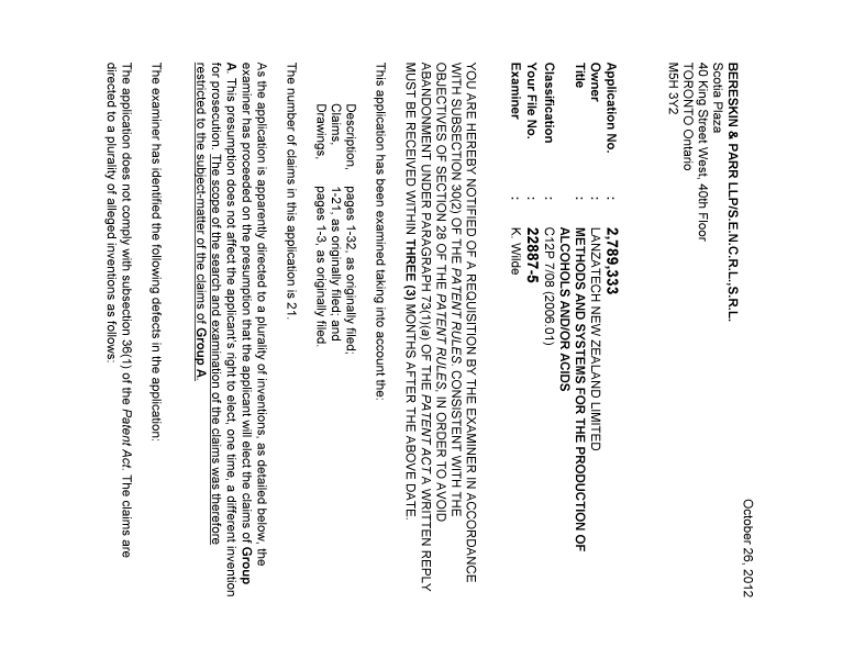 Document de brevet canadien 2789333. Poursuite-Amendment 20121026. Image 1 de 3