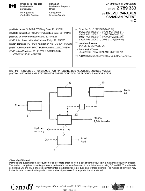 Document de brevet canadien 2789333. Page couverture 20131212. Image 1 de 1