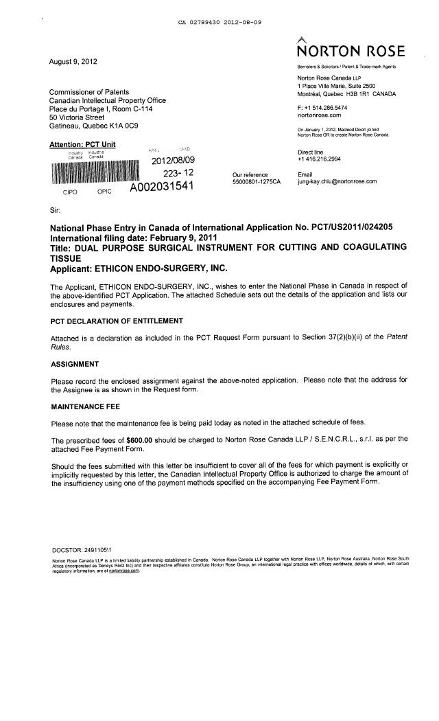 Document de brevet canadien 2789430. Cession 20111209. Image 1 de 9