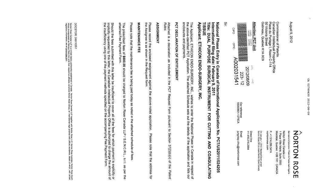 Document de brevet canadien 2789430. Cession 20111209. Image 1 de 9