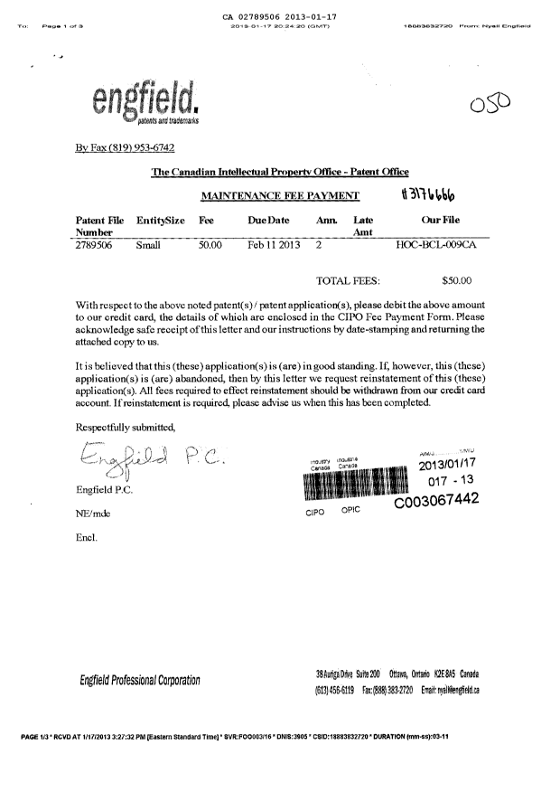 Document de brevet canadien 2789506. Taxes 20121217. Image 1 de 1
