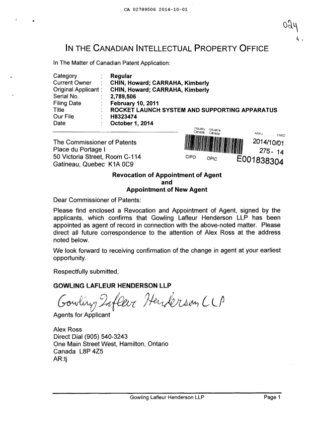 Canadian Patent Document 2789506. Correspondence 20131201. Image 1 of 2