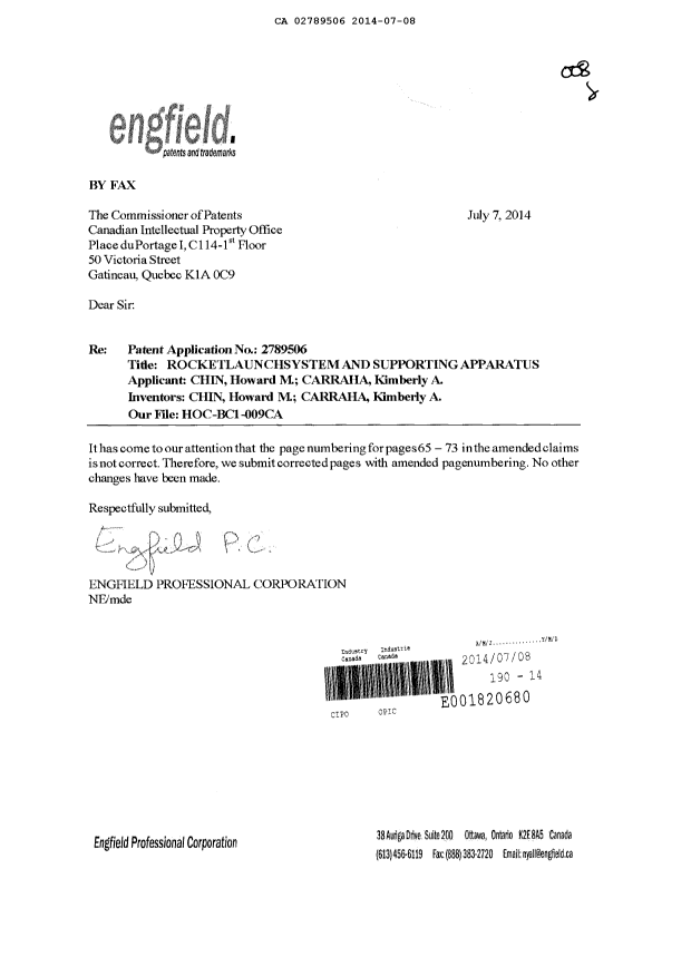 Document de brevet canadien 2789506. Poursuite-Amendment 20131208. Image 1 de 10