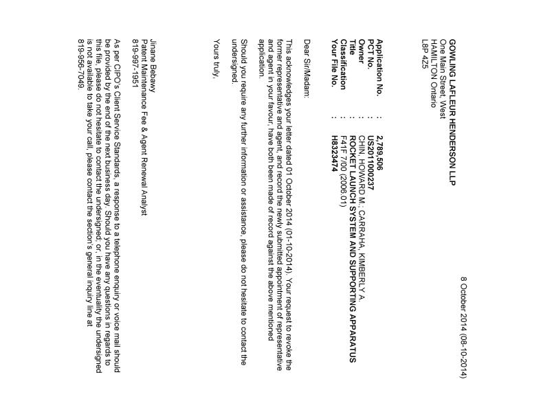 Document de brevet canadien 2789506. Correspondance 20131208. Image 1 de 1