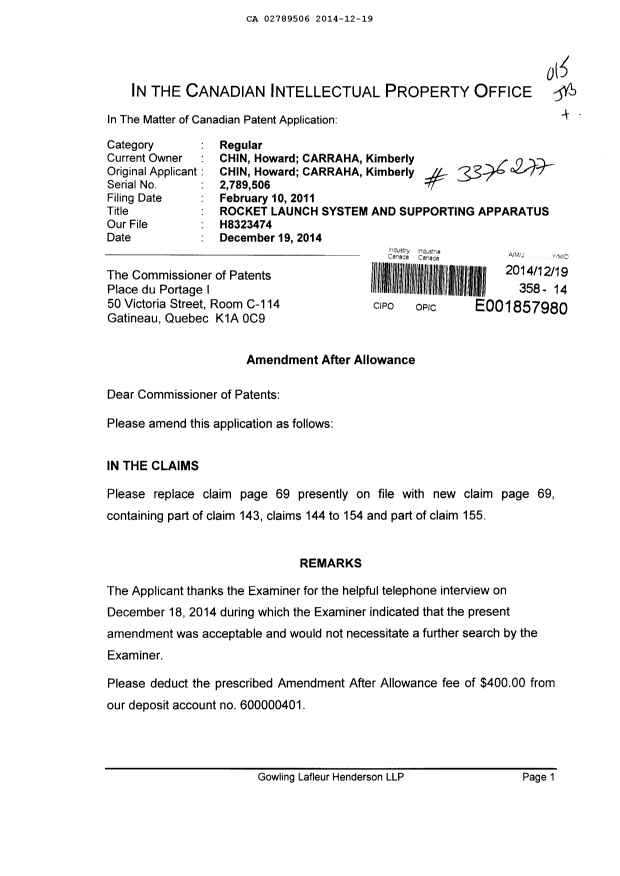 Document de brevet canadien 2789506. Poursuite-Amendment 20131219. Image 1 de 3