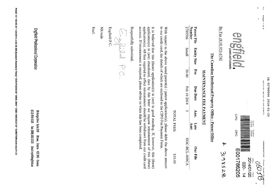 Document de brevet canadien 2789506. Taxes 20131220. Image 1 de 1