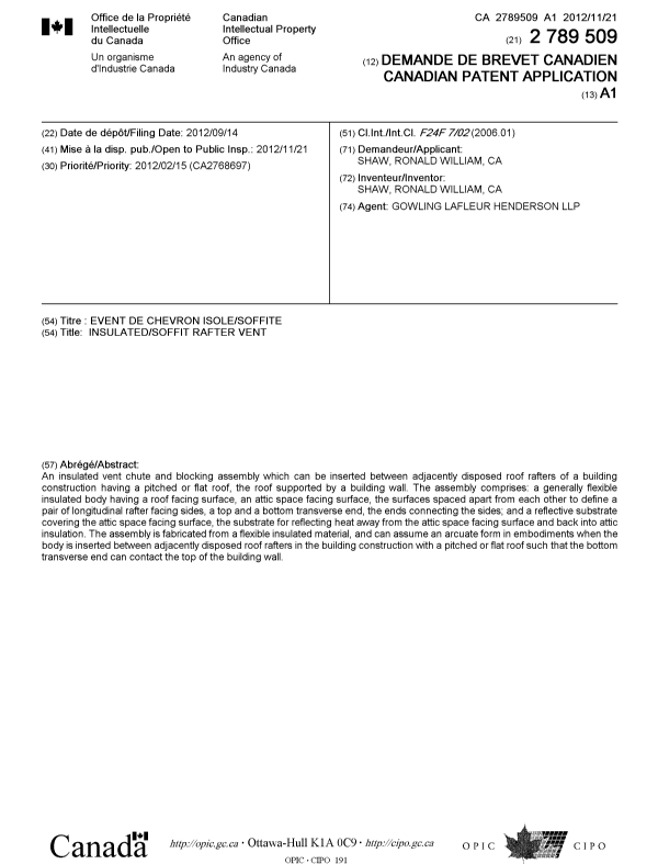 Canadian Patent Document 2789509. Cover Page 20111227. Image 1 of 1