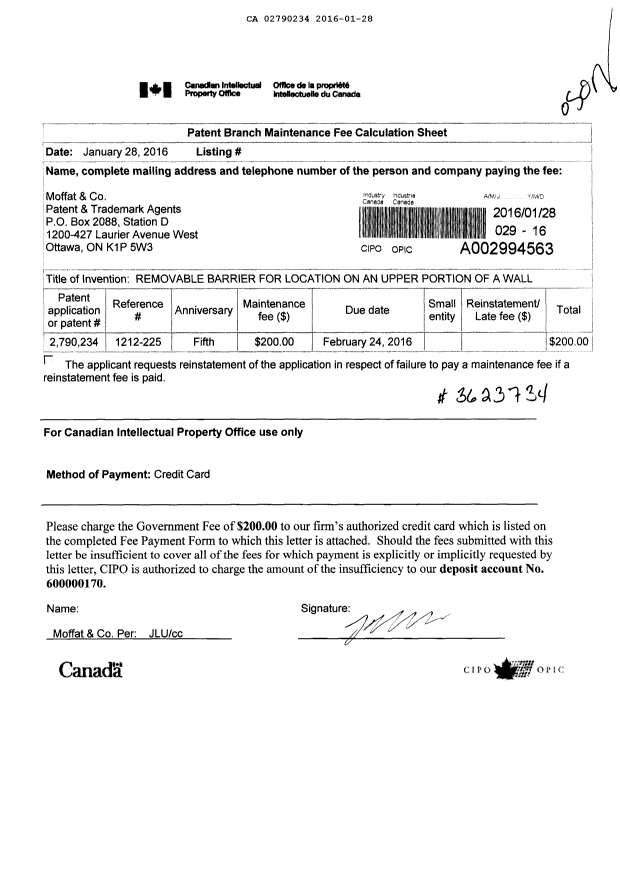 Document de brevet canadien 2790234. Paiement de taxe périodique 20160128. Image 1 de 1