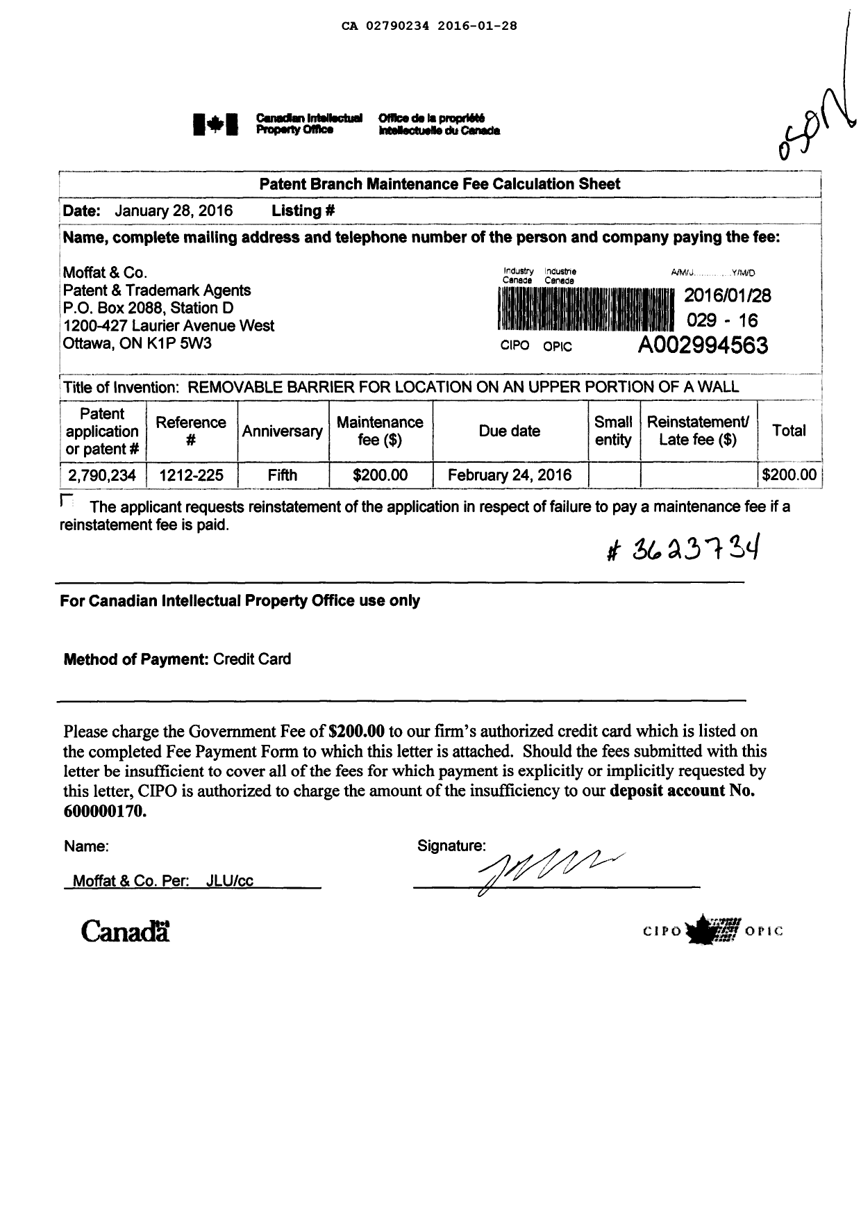 Canadian Patent Document 2790234. Maintenance Fee Payment 20160128. Image 1 of 1
