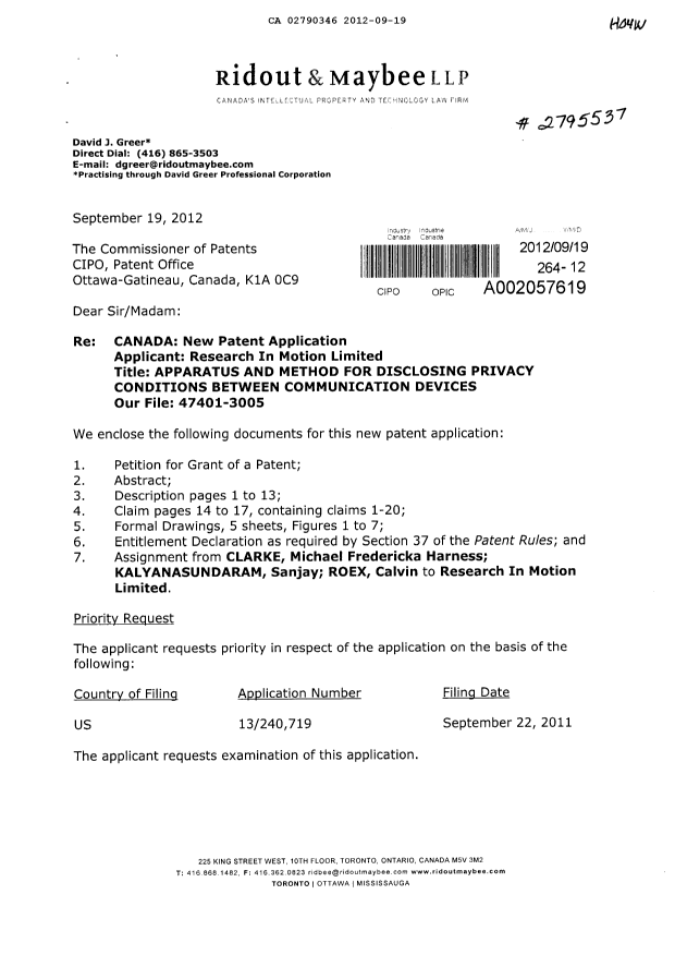 Document de brevet canadien 2790346. Cession 20120919. Image 1 de 10