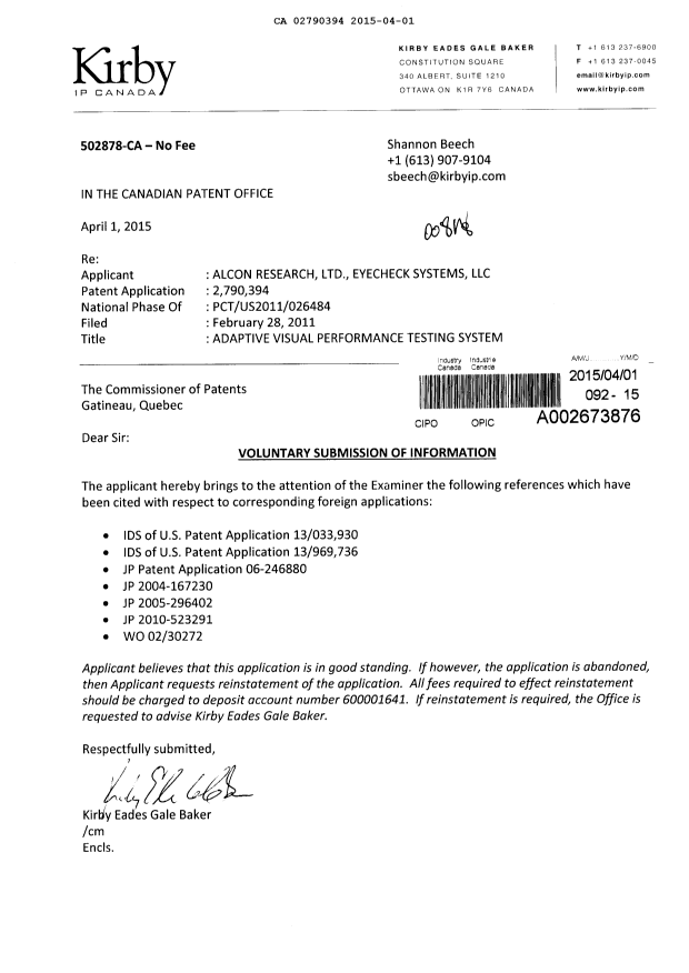Canadian Patent Document 2790394. Prosecution-Amendment 20150401. Image 1 of 1