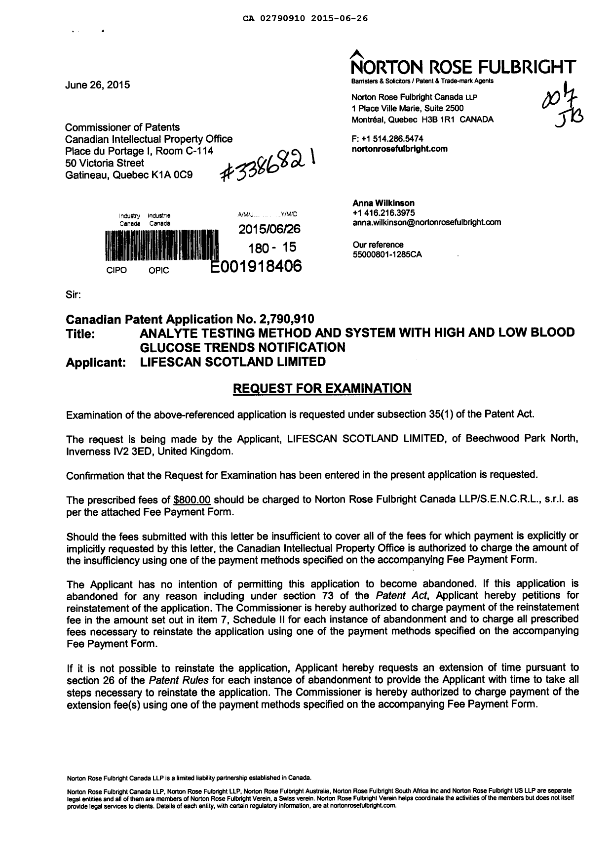 Canadian Patent Document 2790910. Prosecution-Amendment 20141226. Image 1 of 2