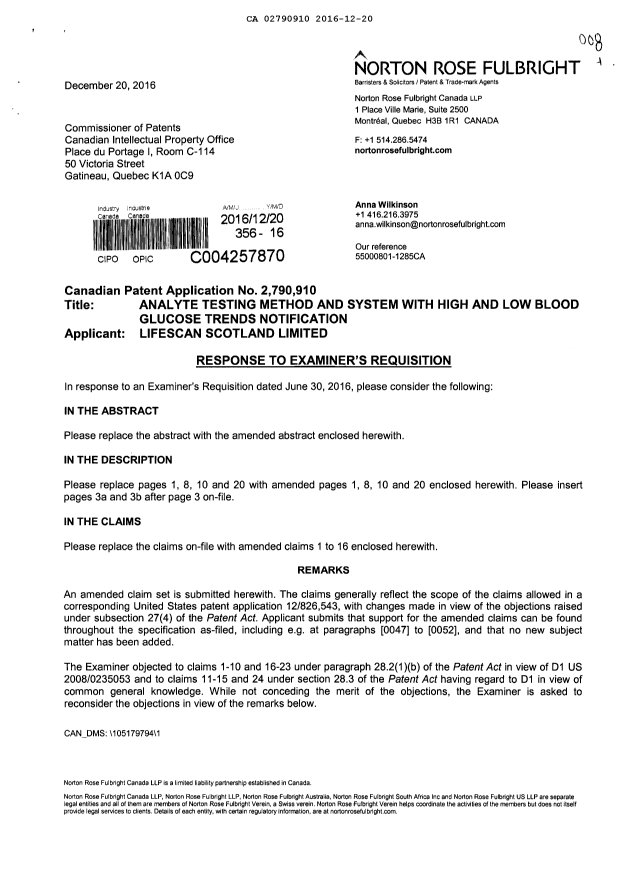 Canadian Patent Document 2790910. Prosecution-Amendment 20151220. Image 1 of 17
