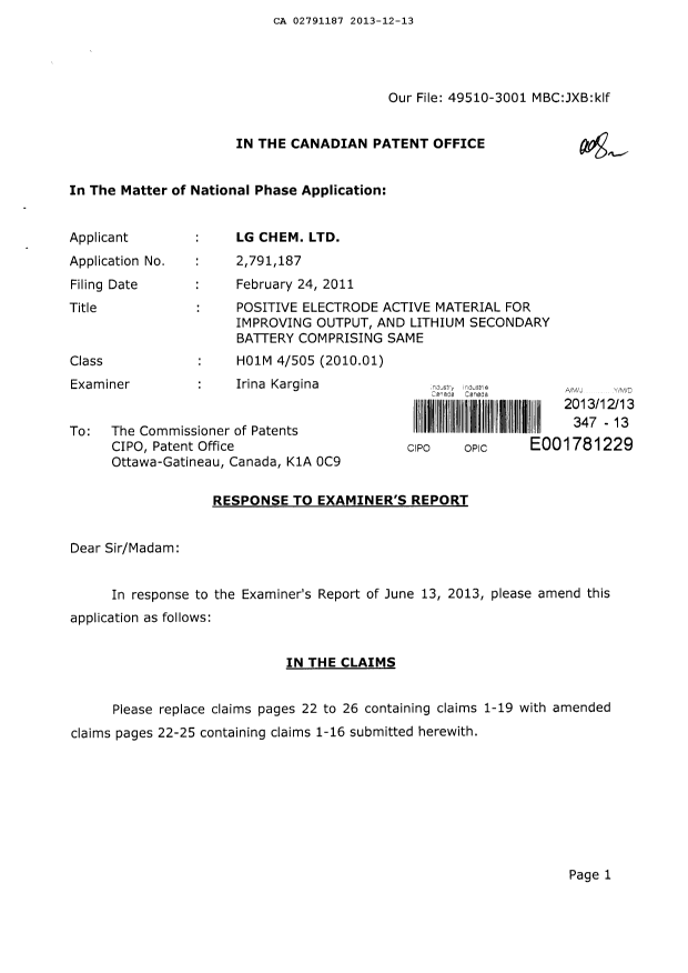 Canadian Patent Document 2791187. Prosecution-Amendment 20131213. Image 1 of 14