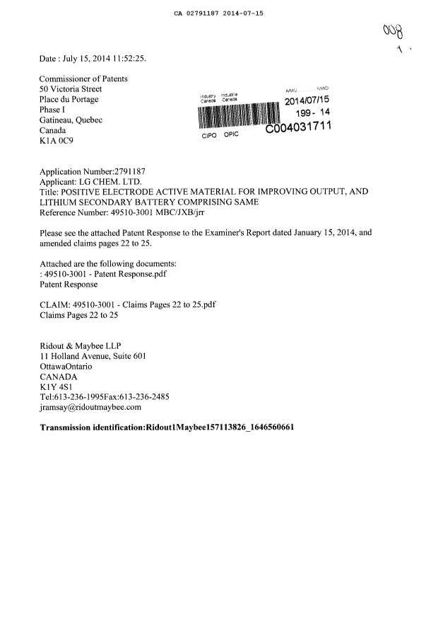 Canadian Patent Document 2791187. Prosecution-Amendment 20140715. Image 1 of 10