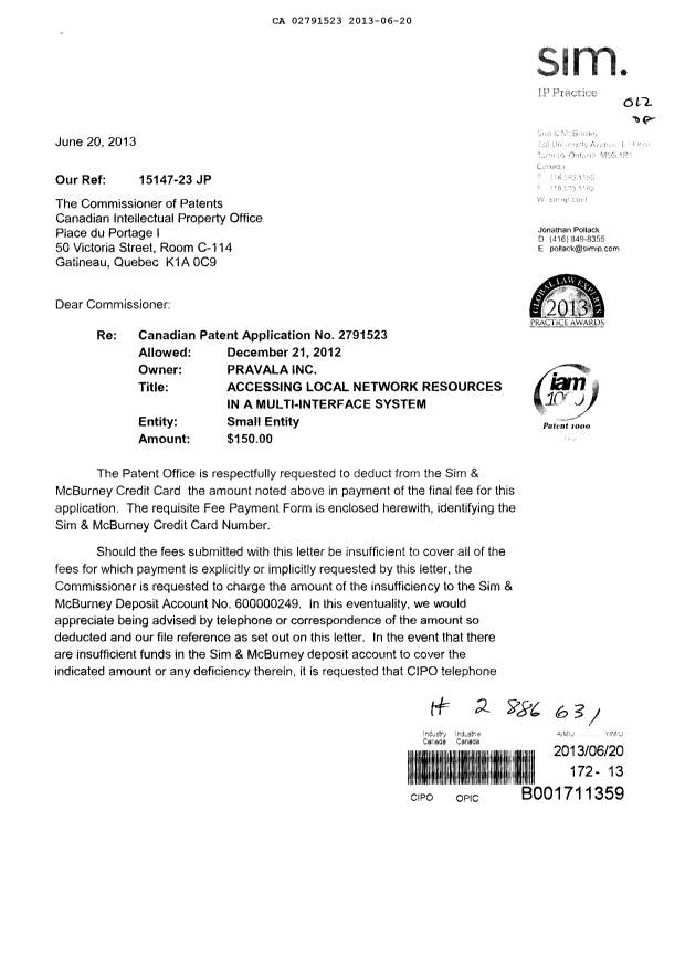 Document de brevet canadien 2791523. Correspondance 20121220. Image 1 de 2