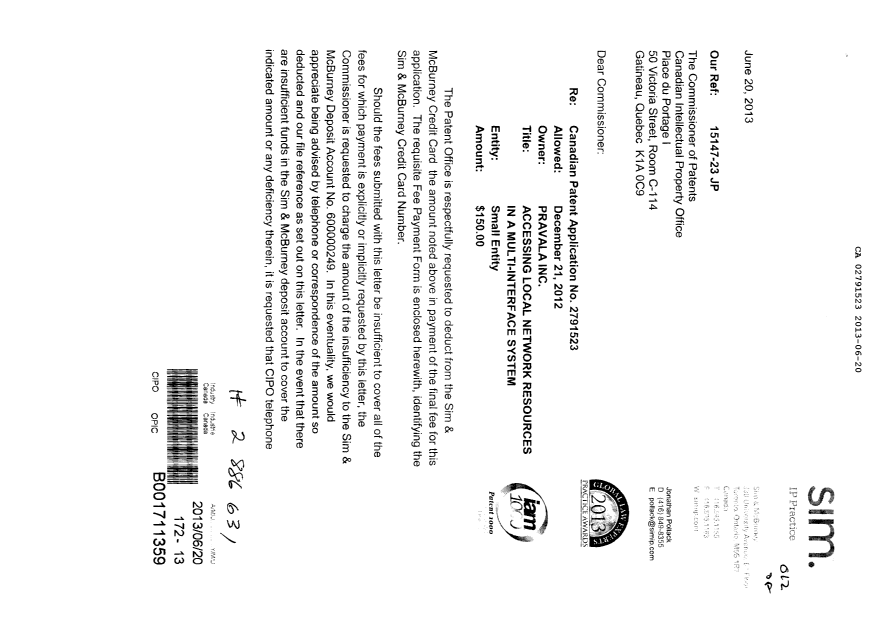 Canadian Patent Document 2791523. Correspondence 20121220. Image 1 of 2