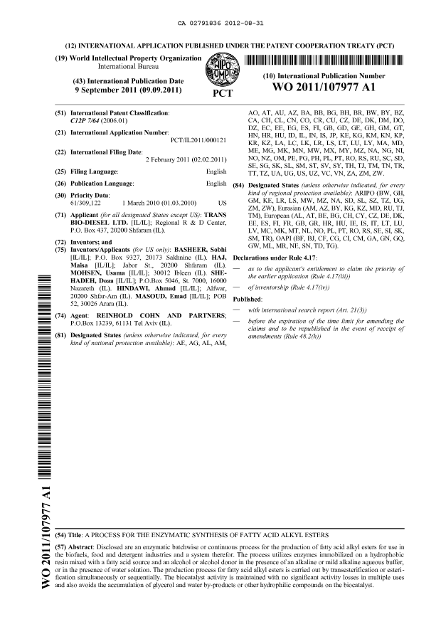 Document de brevet canadien 2791836. Abrégé 20111231. Image 1 de 1