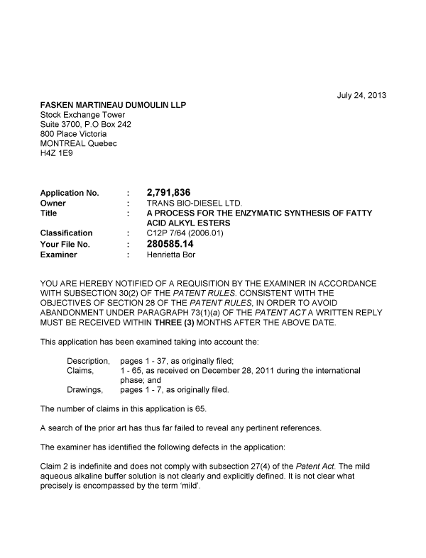 Document de brevet canadien 2791836. Poursuite-Amendment 20121224. Image 1 de 3