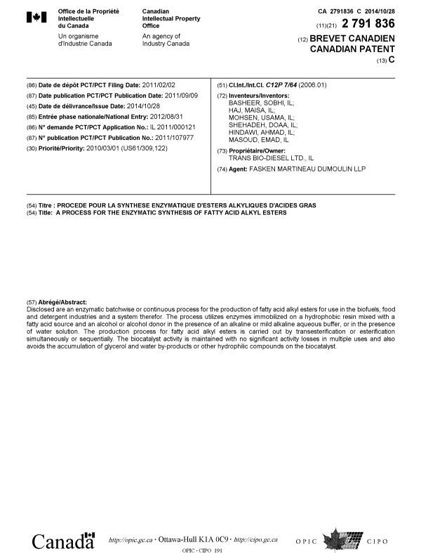 Document de brevet canadien 2791836. Page couverture 20131201. Image 1 de 1