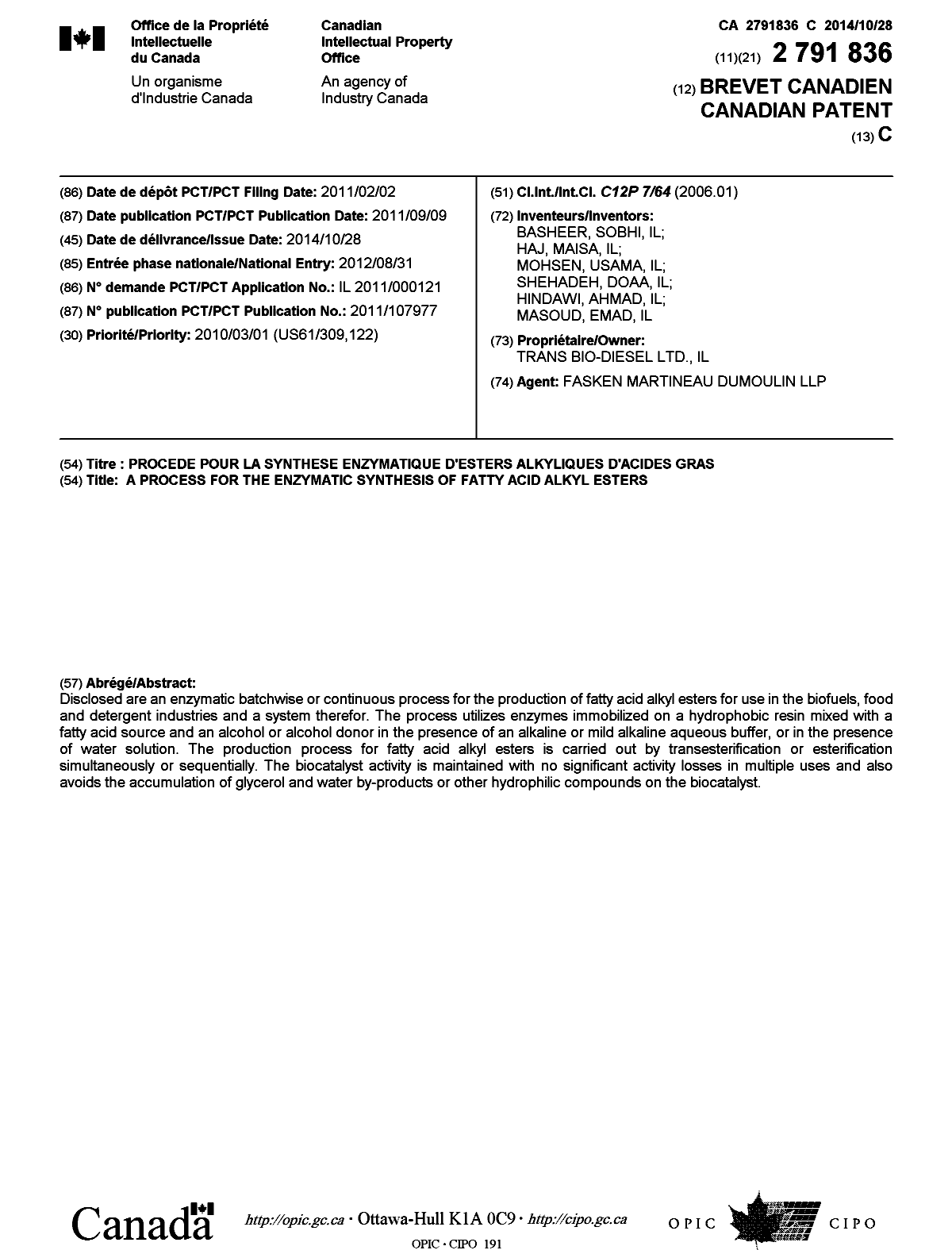 Canadian Patent Document 2791836. Cover Page 20131201. Image 1 of 1