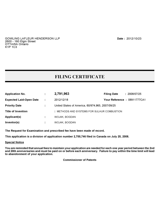 Document de brevet canadien 2791963. Correspondance 20111223. Image 1 de 1