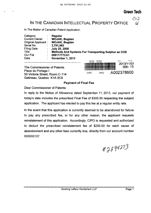 Document de brevet canadien 2791963. Correspondance 20121201. Image 1 de 2