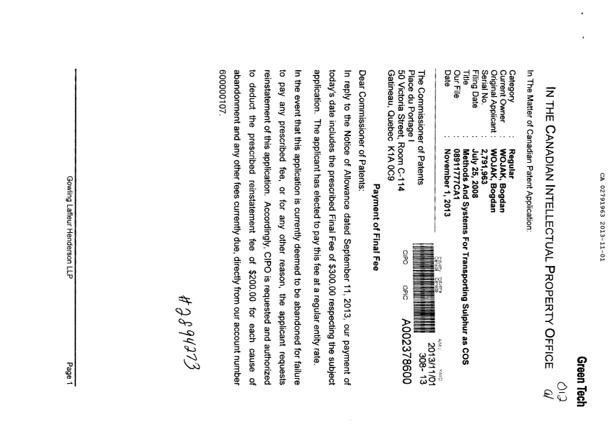 Canadian Patent Document 2791963. Correspondence 20121201. Image 1 of 2