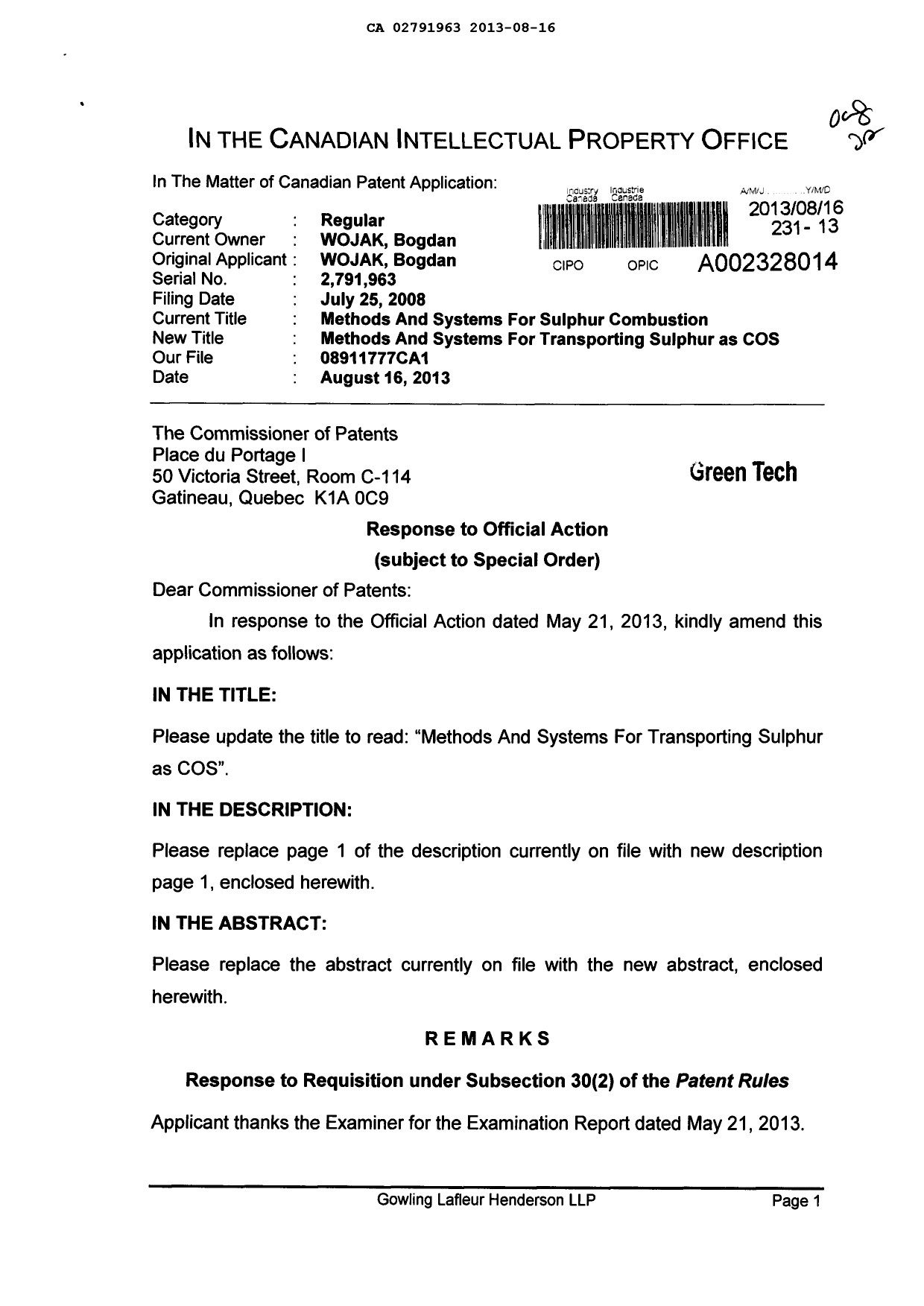 Document de brevet canadien 2791963. Poursuite-Amendment 20121216. Image 1 de 4