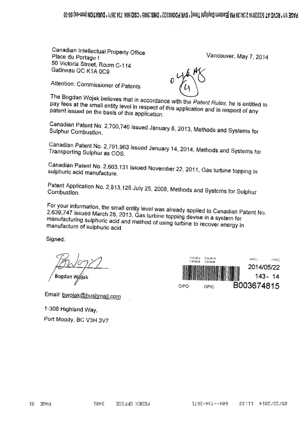 Document de brevet canadien 2791963. Correspondance 20131222. Image 1 de 1