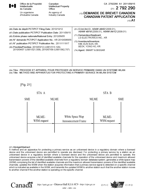 Document de brevet canadien 2792290. Page couverture 20121105. Image 1 de 1