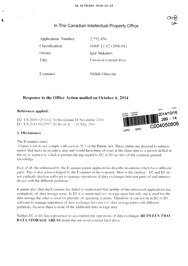 Canadian Patent Document 2792456. Prosecution-Amendment 20131216. Image 1 of 3